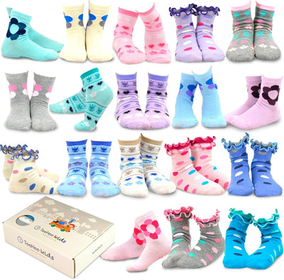 Teehee Little Girls and Toddler Cute Novelty and Fashion Cotton Crew Socks 18 Pair Pack Gift Box