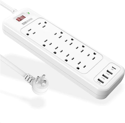 Power Strip,  Surge Protector with 10 Outlets and 3 USB Ports (5V/2.4A) & 1 USB-C Port (5V/3A), 1875W/15A, 3600 Joules, Flat Plug, Spaced Outlets with 6Ft Extension Cord for Home Office - White